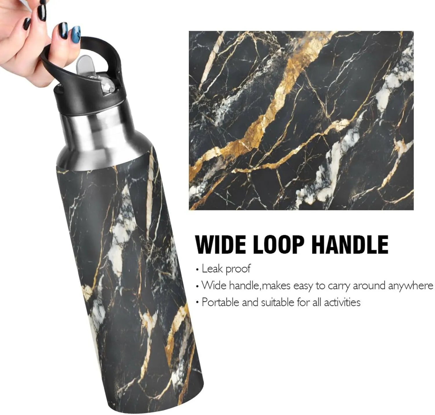 ALAZA Black Gold Marble Water Bottle with Straw Lid Vacuum Insulated Stainless Steel Thermo Flask Water Bottle 32oz