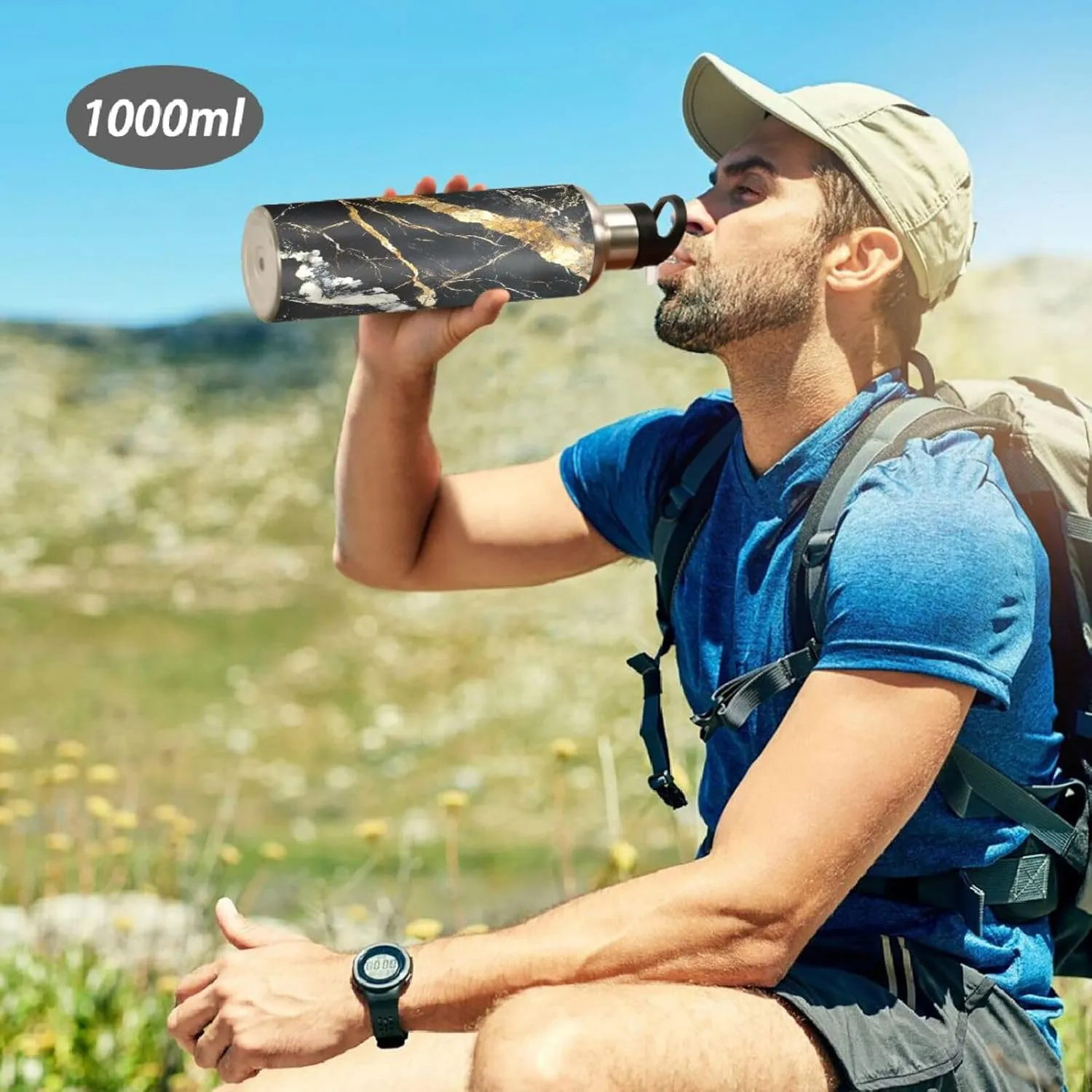 ALAZA Black Gold Marble Water Bottle with Straw Lid Vacuum Insulated Stainless Steel Thermo Flask Water Bottle 32oz