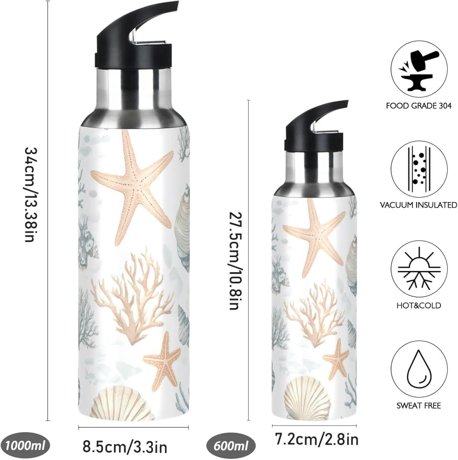 ALAZA Coastal Sea Star Coral Nautical02 Water Bottle with Straw Lid Vacuum Insulated Stainless Steel Thermo Flask Water Bottle 20oz