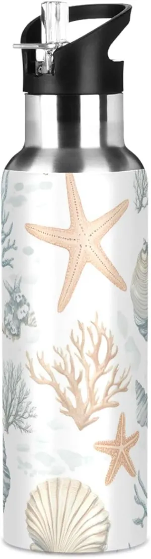 ALAZA Coastal Sea Star Coral Nautical02 Water Bottle with Straw Lid Vacuum Insulated Stainless Steel Thermo Flask Water Bottle 20oz