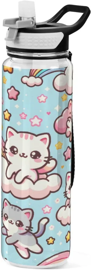 ALAZA Cute Cats Rainbow Sport Water Bottle with Straw Lid 32 oz Clear Bottle BPA Free Tritan Plastic Leakproof Jugs Large Flip Top for Kids Boys Girls