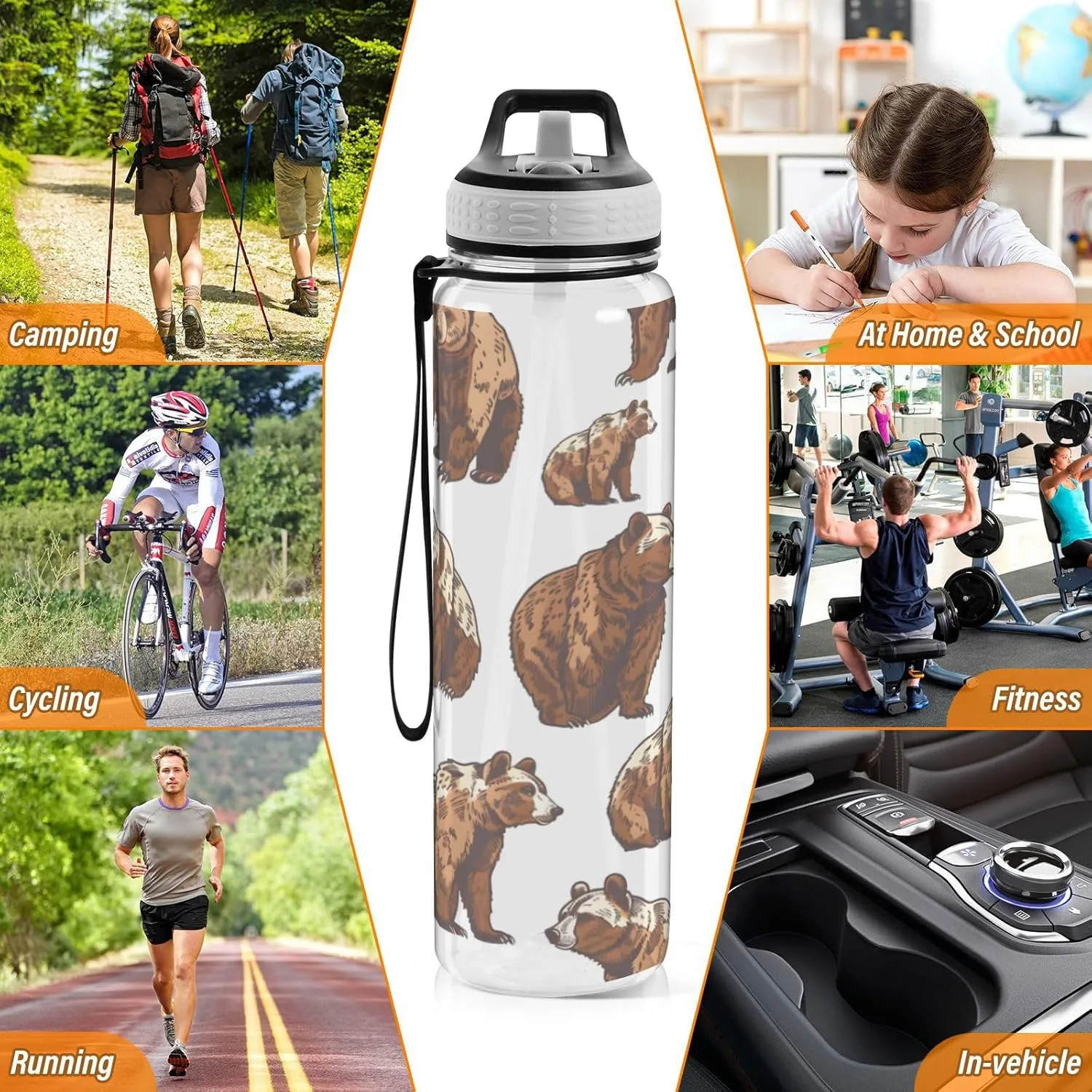 ALAZA Cute Grizzly Bears Brown Sport Water Bottle with Straw Lid 32 oz Clear Bottle BPA Free Tritan Plastic Leakproof Jugs Large Flip Top for Kids Boys Girls