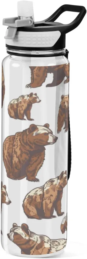 ALAZA Cute Grizzly Bears Brown Sport Water Bottle with Straw Lid 32 oz Clear Bottle BPA Free Tritan Plastic Leakproof Jugs Large Flip Top for Kids Boys Girls