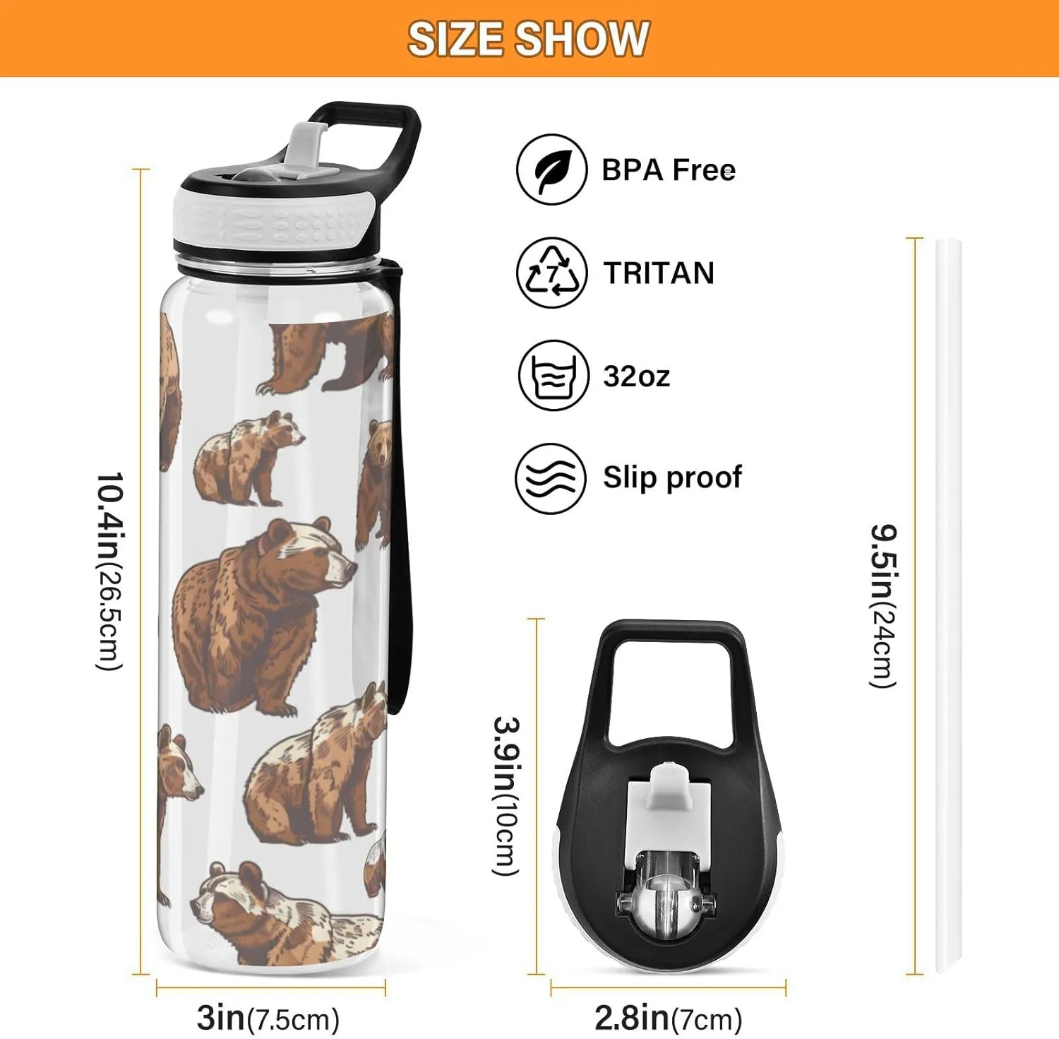 ALAZA Cute Grizzly Bears Brown Sport Water Bottle with Straw Lid 32 oz Clear Bottle BPA Free Tritan Plastic Leakproof Jugs Large Flip Top for Kids Boys Girls