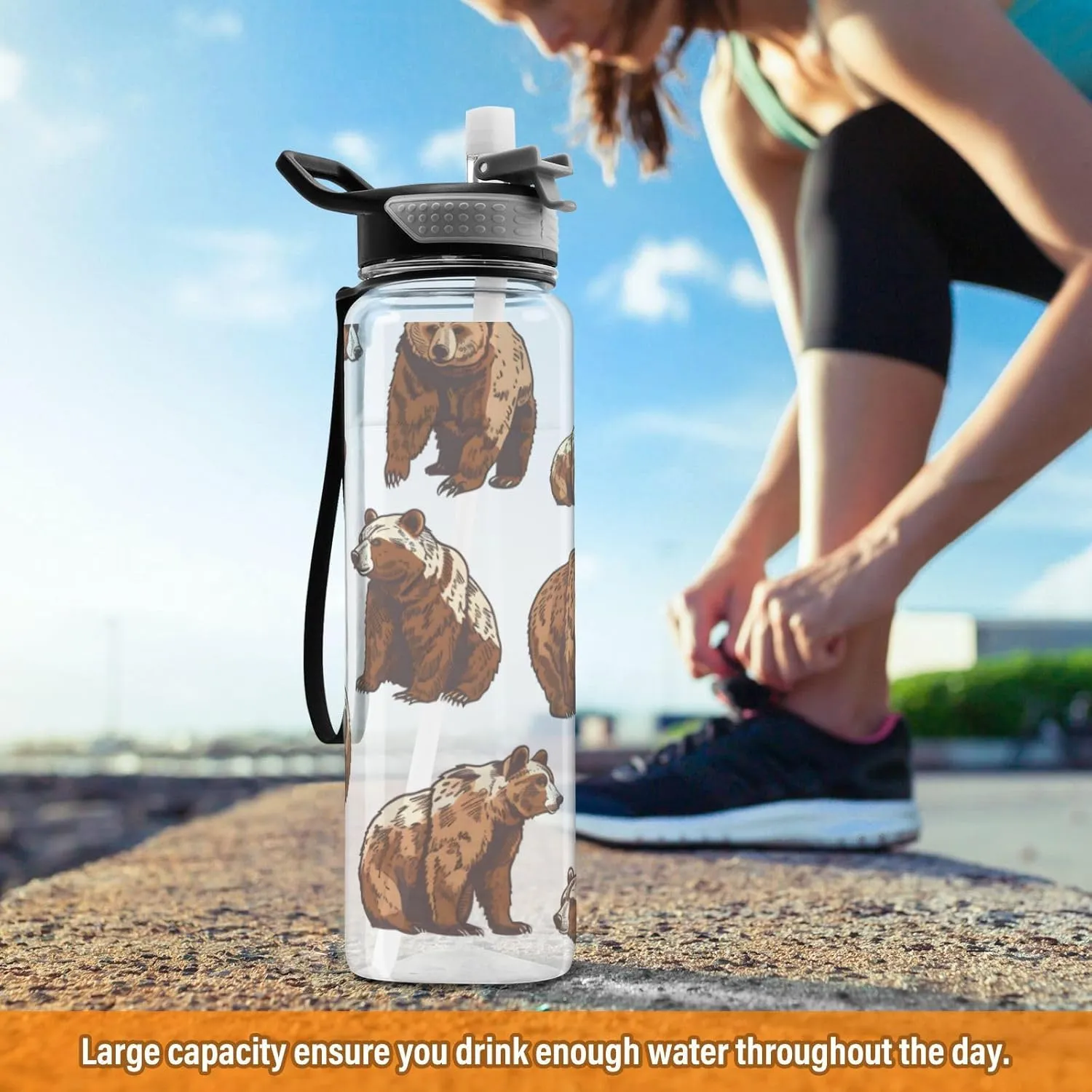 ALAZA Cute Grizzly Bears Brown Sport Water Bottle with Straw Lid 32 oz Clear Bottle BPA Free Tritan Plastic Leakproof Jugs Large Flip Top for Kids Boys Girls