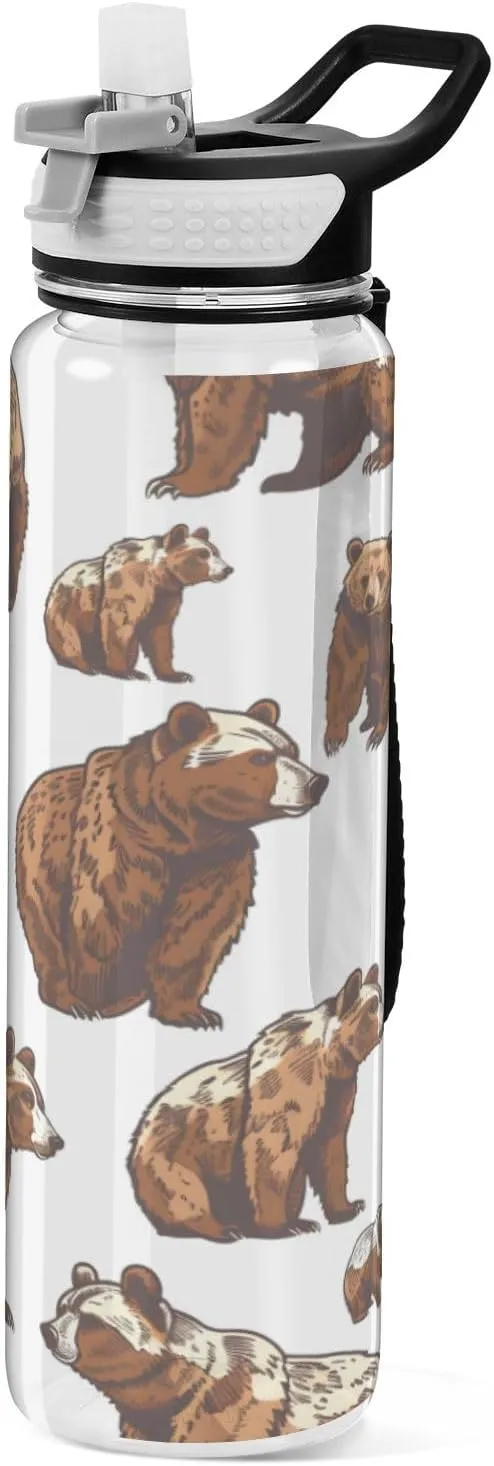 ALAZA Cute Grizzly Bears Brown Sport Water Bottle with Straw Lid 32 oz Clear Bottle BPA Free Tritan Plastic Leakproof Jugs Large Flip Top for Kids Boys Girls