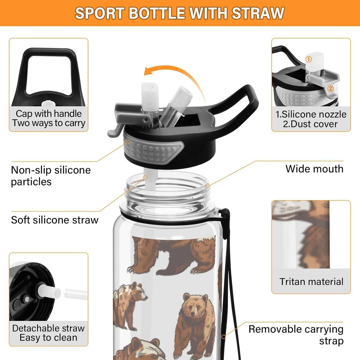 ALAZA Cute Grizzly Bears Brown Sport Water Bottle with Straw Lid 32 oz Clear Bottle BPA Free Tritan Plastic Leakproof Jugs Large Flip Top for Kids Boys Girls