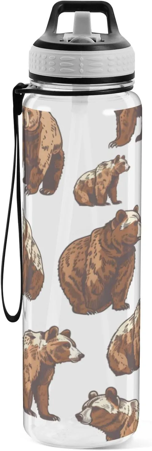 ALAZA Cute Grizzly Bears Brown Sport Water Bottle with Straw Lid 32 oz Clear Bottle BPA Free Tritan Plastic Leakproof Jugs Large Flip Top for Kids Boys Girls