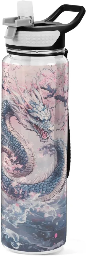 ALAZA Dragon Pink Cherry Tree Water Bottle with Straw Lid 32oz Leakproof Sport Water Bottle Clear Large Gym Water Jug for Women Men Outdoor
