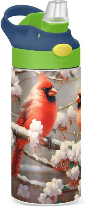 ALAZA Tw Red Bire on The Tree Kids Water Bottles with Lids Straw Insulated Stainless Steel Water Bottles Double Walled Leakproof Tumbler Travel Cup for Girls Boys Toddlers 12 oz,Green