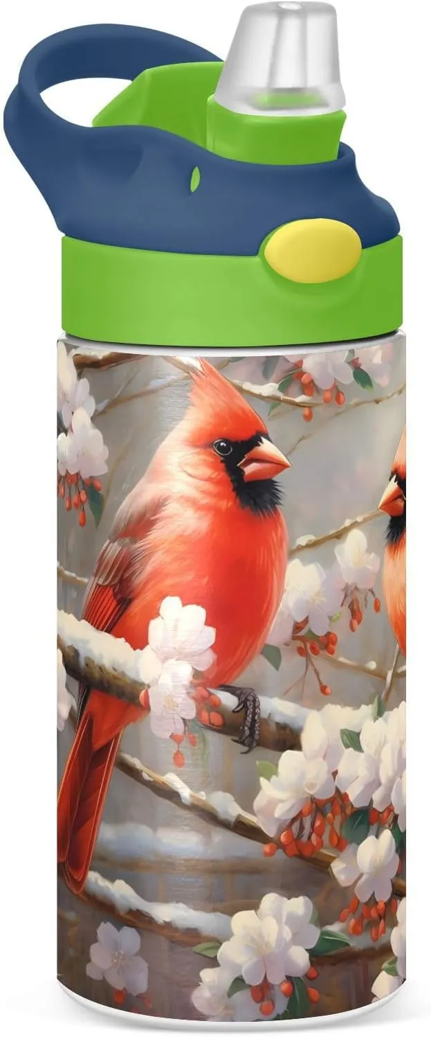 ALAZA Tw Red Bire on The Tree Kids Water Bottles with Lids Straw Insulated Stainless Steel Water Bottles Double Walled Leakproof Tumbler Travel Cup for Girls Boys Toddlers 12 oz,Green