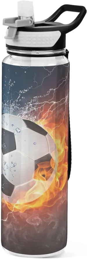 ALAZA Water Fire Soccer Ball Sport Water Bottle with Straw Lid 32 oz Clear Bottle BPA Free Tritan Plastic Leakproof Jugs Large Flip Top for Kids Boys Girls