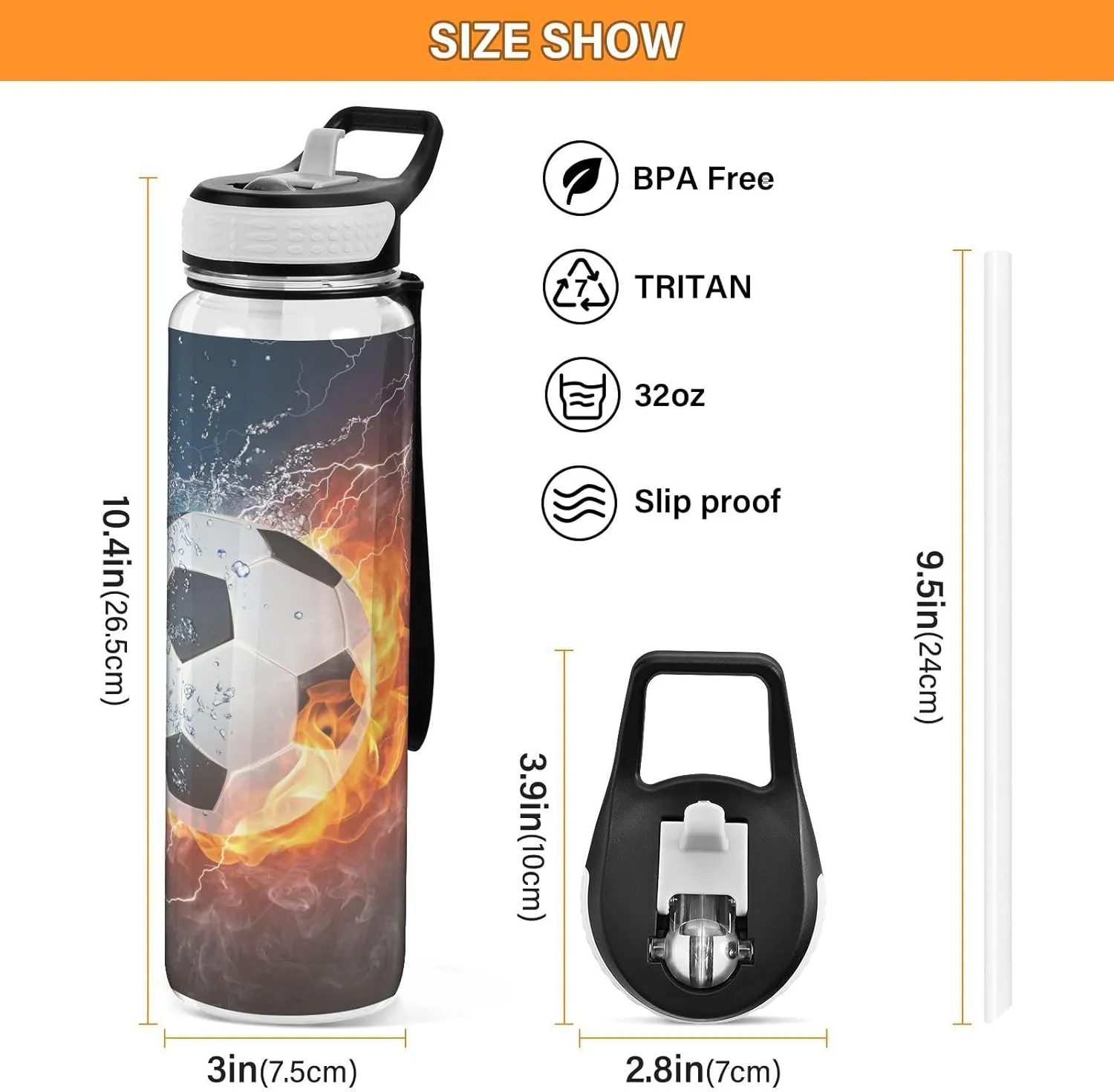ALAZA Water Fire Soccer Ball Sport Water Bottle with Straw Lid 32 oz Clear Bottle BPA Free Tritan Plastic Leakproof Jugs Large Flip Top for Kids Boys Girls