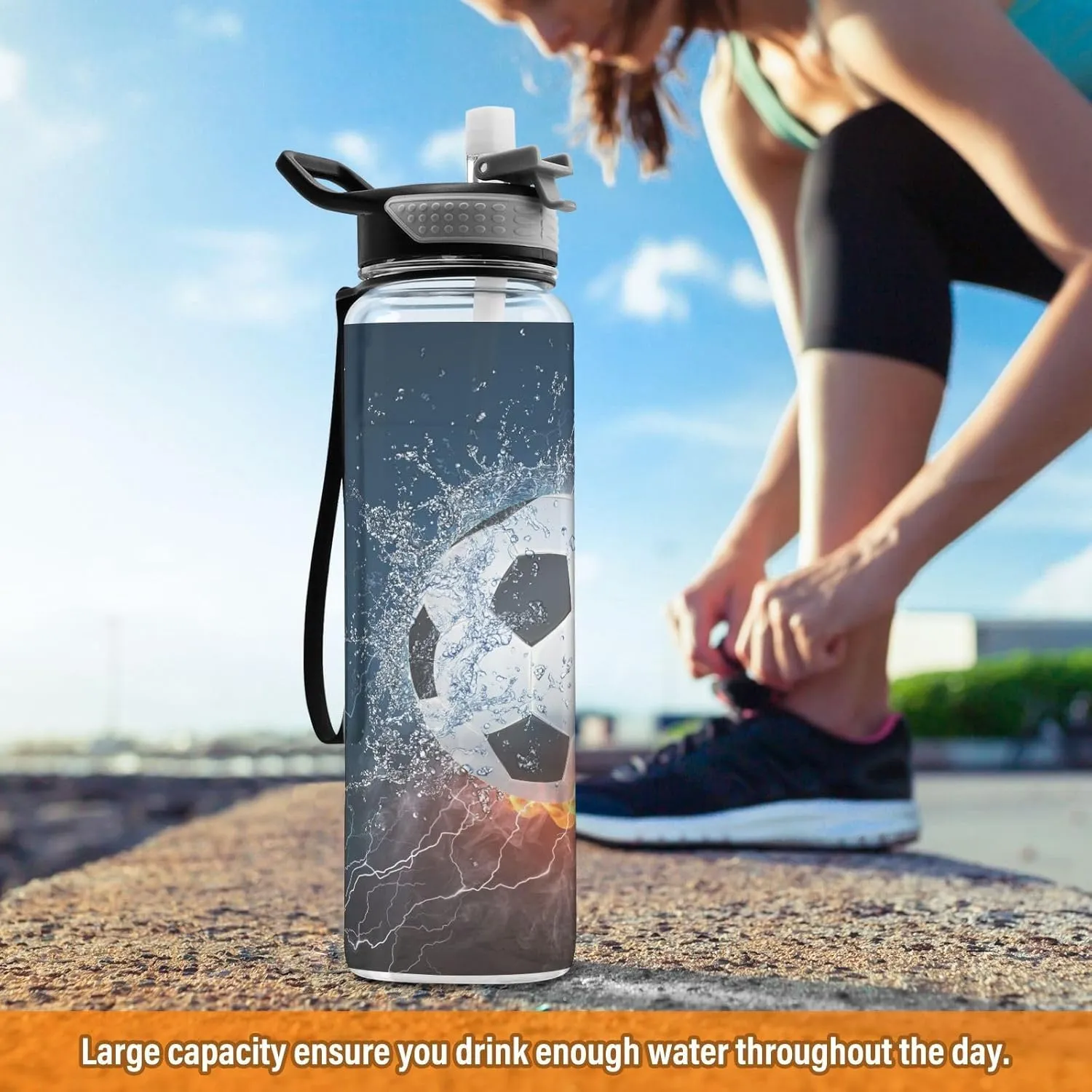ALAZA Water Fire Soccer Ball Sport Water Bottle with Straw Lid 32 oz Clear Bottle BPA Free Tritan Plastic Leakproof Jugs Large Flip Top for Kids Boys Girls