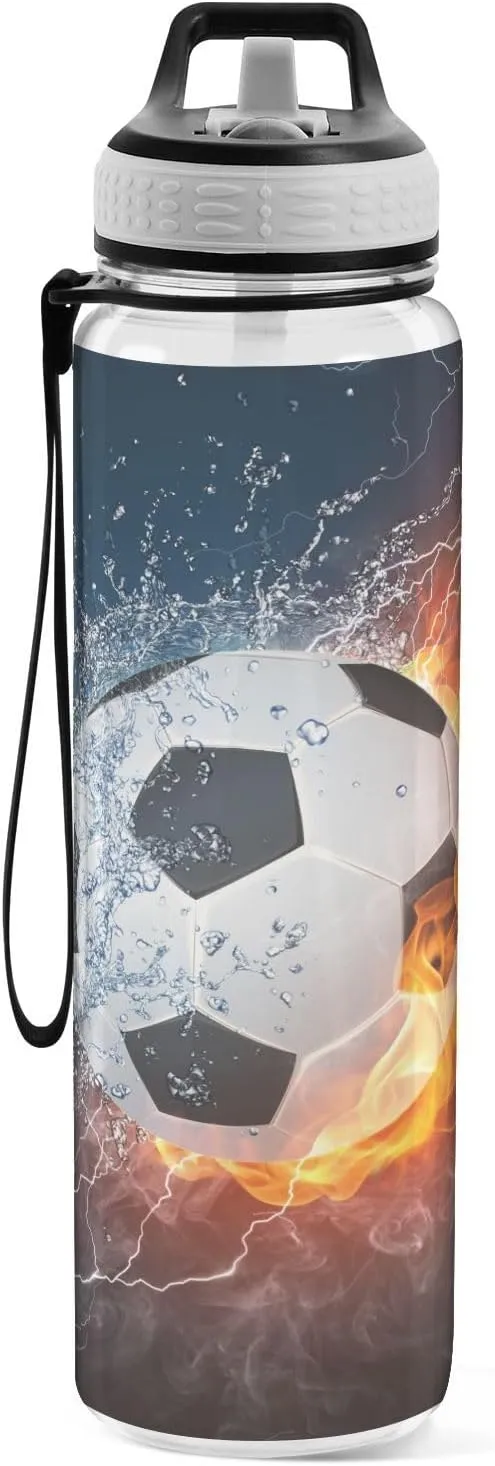 ALAZA Water Fire Soccer Ball Sport Water Bottle with Straw Lid 32 oz Clear Bottle BPA Free Tritan Plastic Leakproof Jugs Large Flip Top for Kids Boys Girls