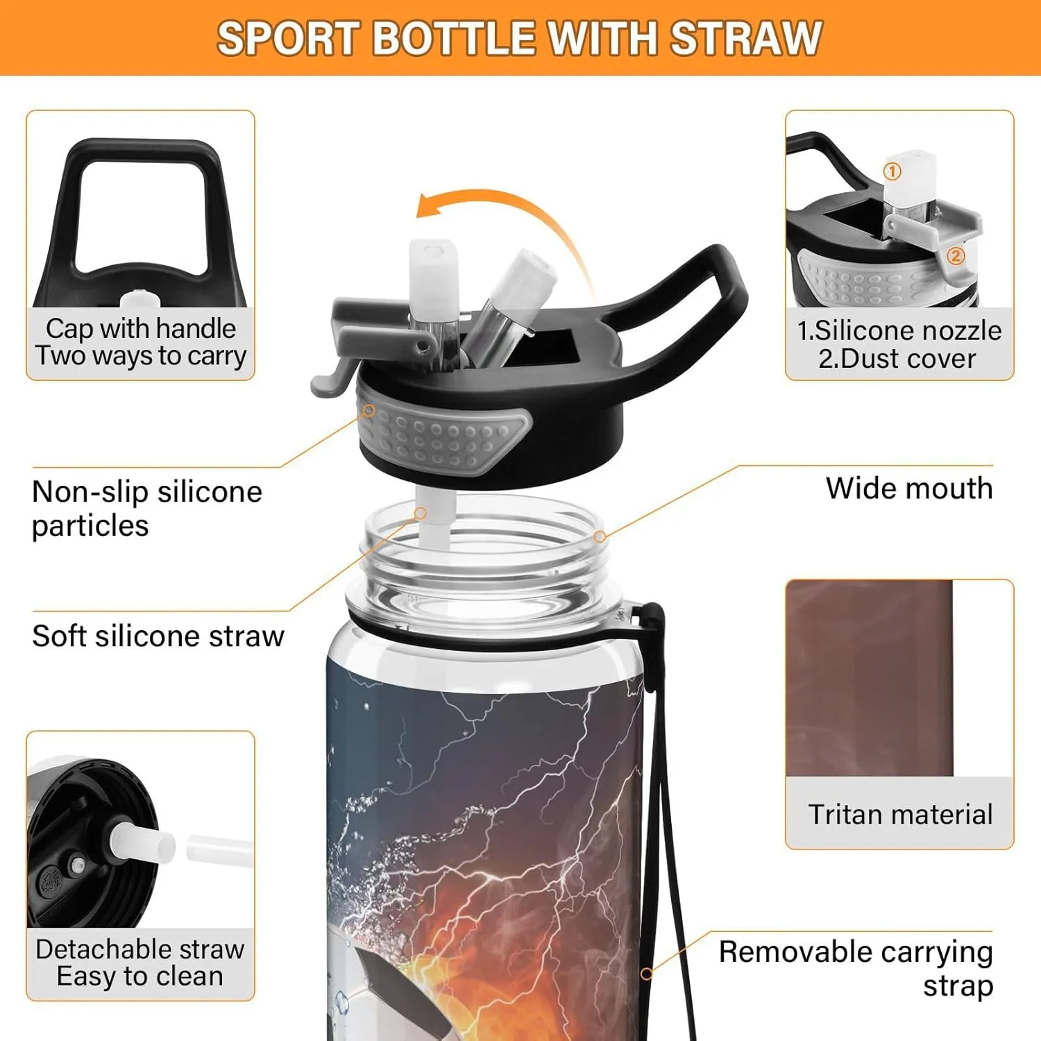 ALAZA Water Fire Soccer Ball Sport Water Bottle with Straw Lid 32 oz Clear Bottle BPA Free Tritan Plastic Leakproof Jugs Large Flip Top for Kids Boys Girls