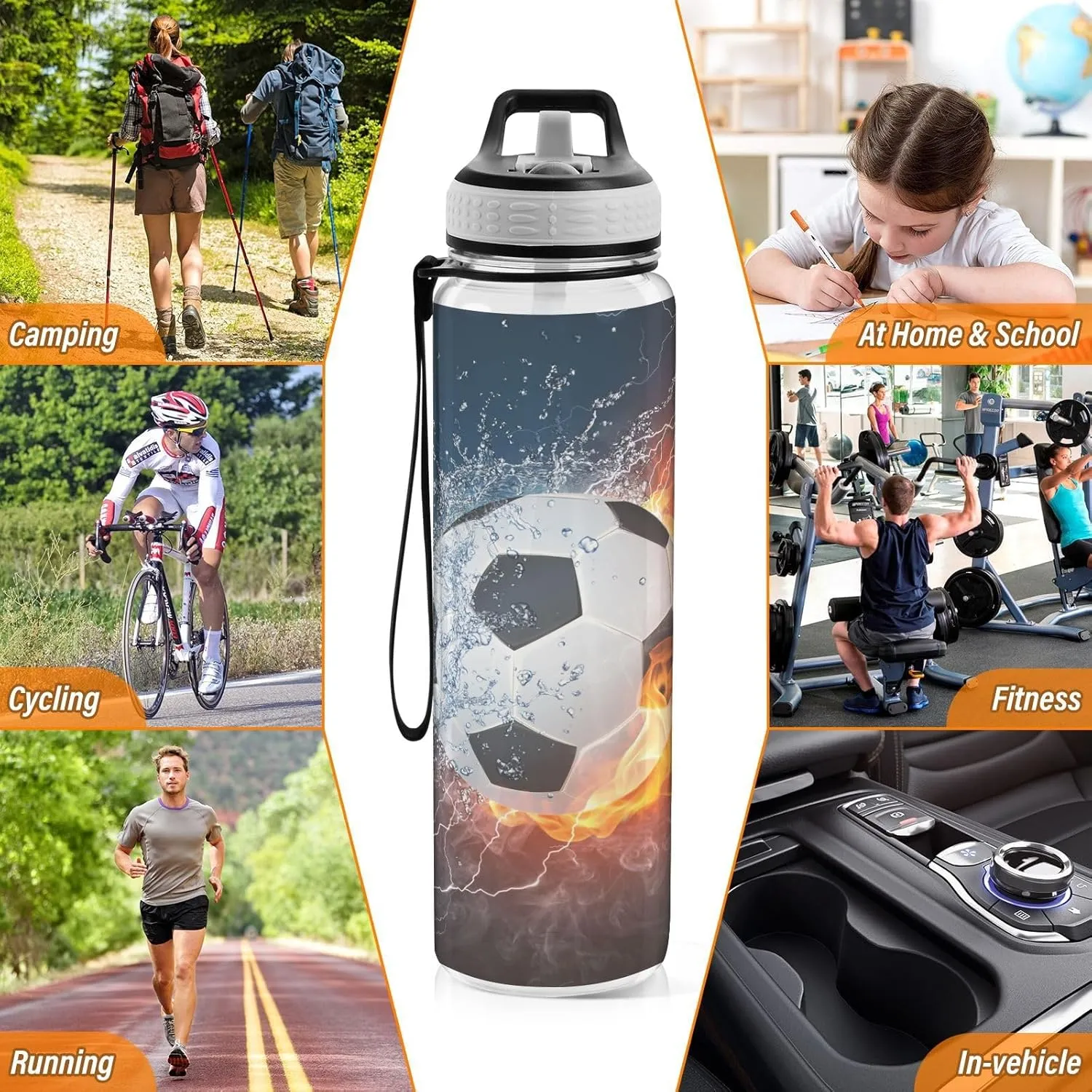 ALAZA Water Fire Soccer Ball Sport Water Bottle with Straw Lid 32 oz Clear Bottle BPA Free Tritan Plastic Leakproof Jugs Large Flip Top for Kids Boys Girls