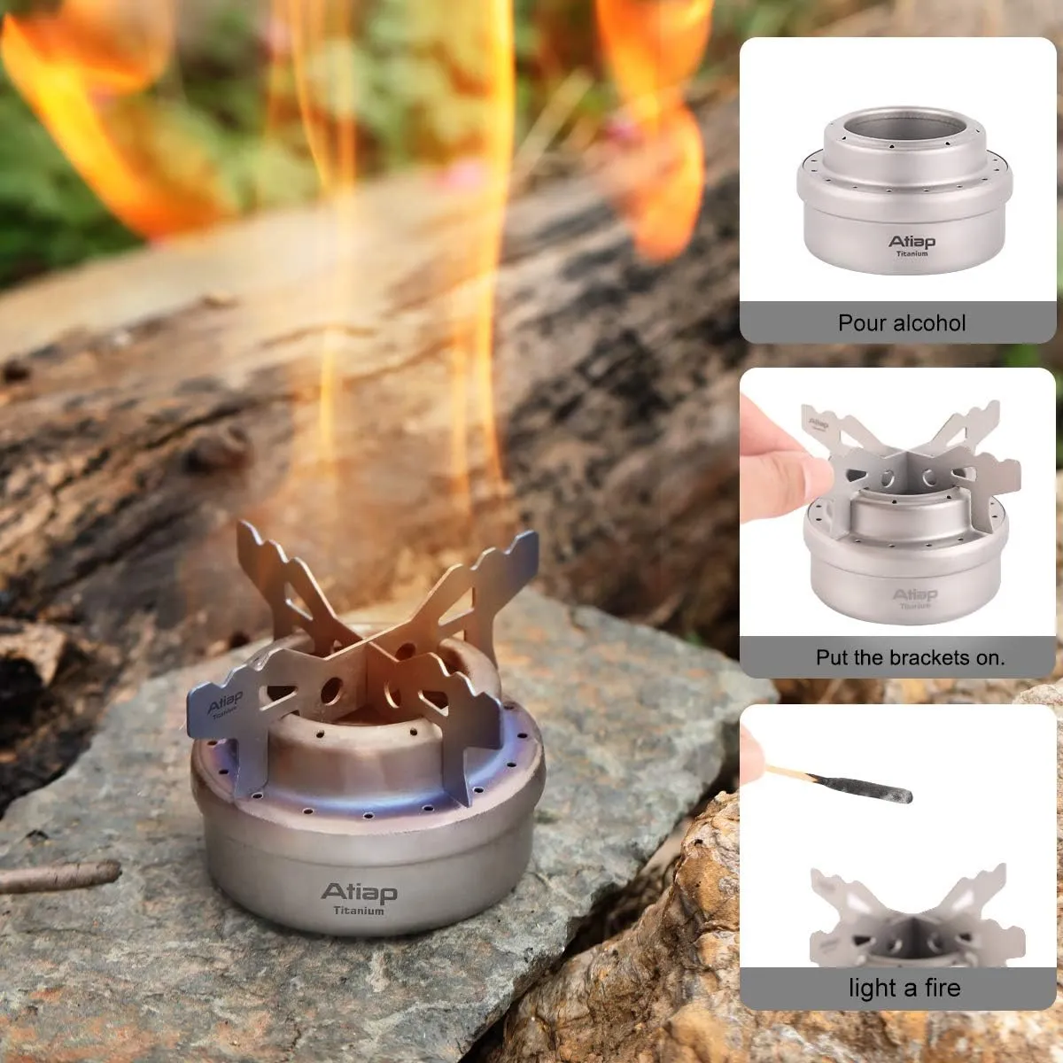 Alcohol Stove, Titanium Portable Camping Backpacking Hiking Stove with Cross Stand Carry Bag