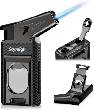 All-in-one Torch Lighter with Straight Cutter, Built-in Punch, Powerful Windproof Jet Flame, Multifunctional Travel Accessories, Gifts for Men, Refillable Butane Lighters for Candle (Without Fuel)