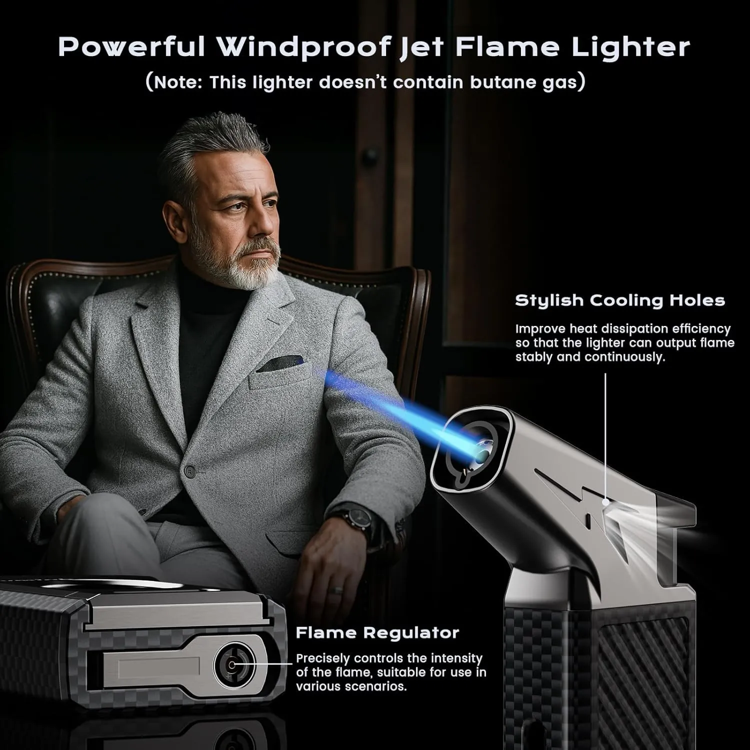 All-in-one Torch Lighter with Straight Cutter, Built-in Punch, Powerful Windproof Jet Flame, Multifunctional Travel Accessories, Gifts for Men, Refillable Butane Lighters for Candle (Without Fuel)