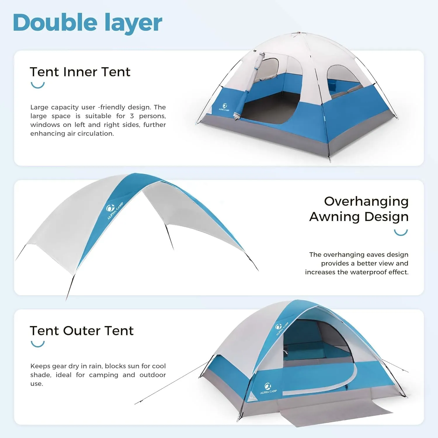 ALPHA CAMP 2/3/4 Person Camping Dome Tent with Rainfly, Lightweight Weatherproof Portable Backpacking Instant Tent, Easy Setup Tent for Outdoor Camping, Hiking, Mountaineering, Travel, Beach