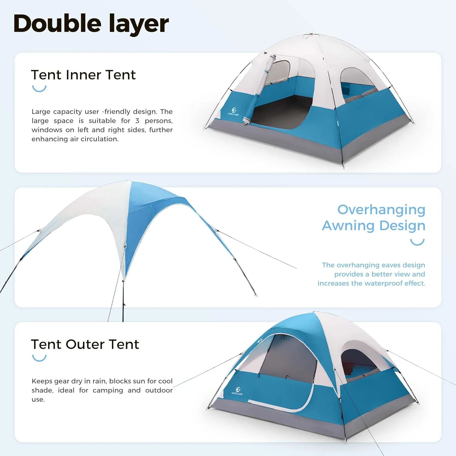 ALPHA CAMP 2/3/4 Person Camping Dome Tent with Rainfly, Lightweight Weatherproof Portable Backpacking Instant Tent, Easy Setup Tent for Outdoor Camping, Hiking, Mountaineering, Travel, Beach