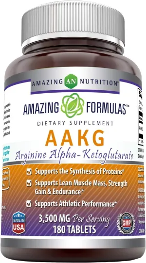 Amazing Formulas AAKG (Arginine Alpha-Ketoglutarate) Supplement 3500 Mg Per Serving | 180 Tablets | Non-GMO | Gluten-Free | Made in USA