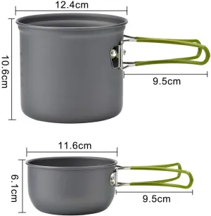AmeLL Outdoor Supplies, Camping Cookware Kit 1-2 People Portable Pots Set with Foldable Bowl Fork Table Knife Spoon for Outdoor Cooking Picnic with Cutlery Bag, Uniform size, Green