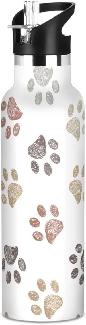 Animal Print Sport Water Bottle Doodle Brown Grey Dog Paw Print Fitness Vacuum Drink Cup Office Ice Coffee Mug Camping Beverage Container Hiking Biking Thermos, 20 oz