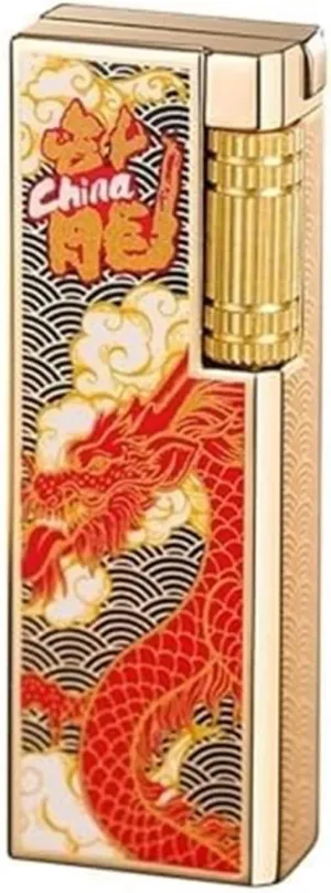 Antique Embossed Metal Butane Lighter, Windproof Soft Flame, Adjustable Flame, Refillable Gas Portable Lighter for Camping Campfires (Fuel Not Included)(Red Gold)