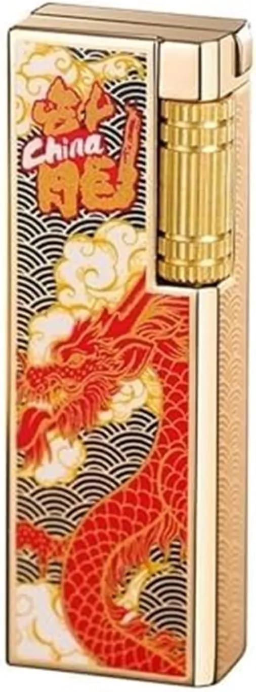 Antique Embossed Metal Butane Lighter, Windproof Soft Flame, Adjustable Flame, Refillable Gas Portable Lighter for Camping Campfires (Fuel Not Included)(Red Gold)