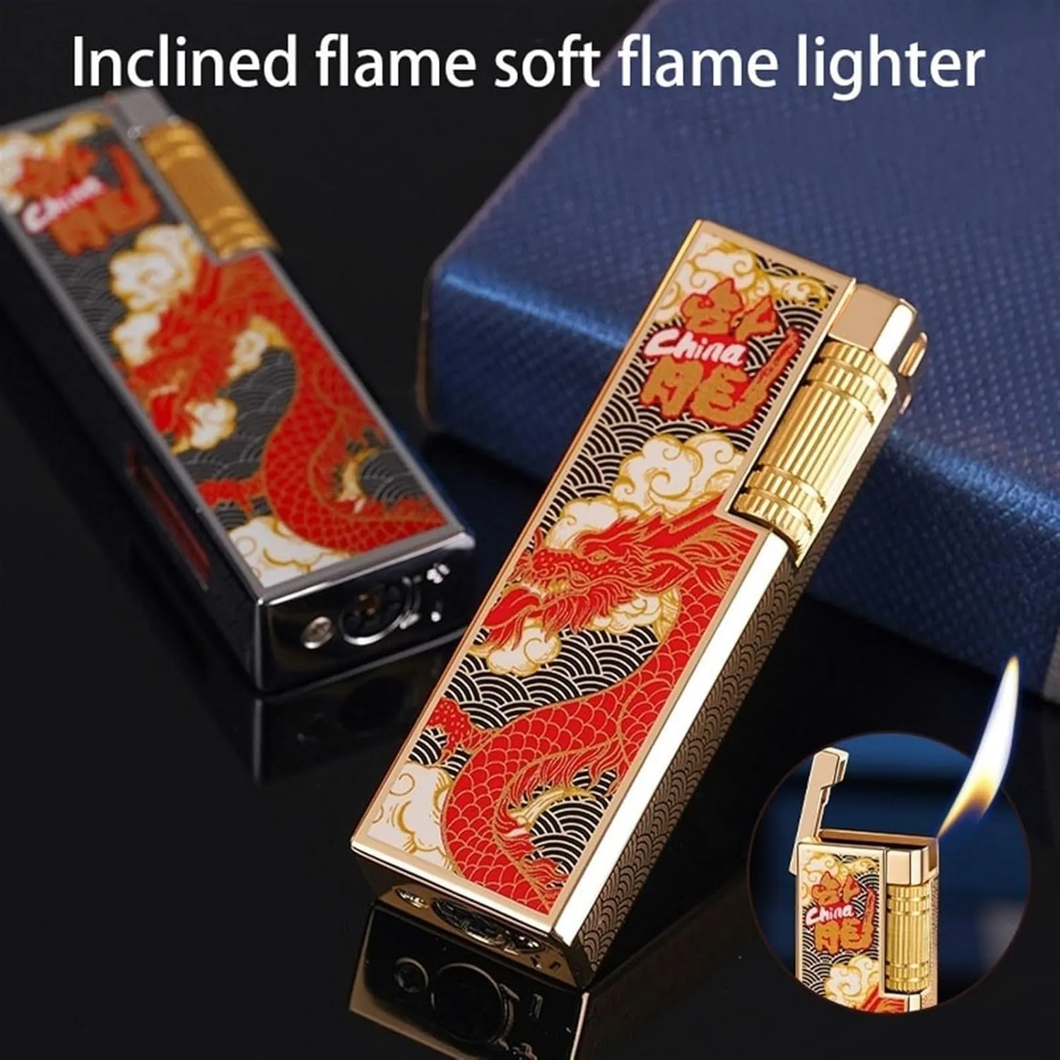 Antique Embossed Metal Butane Lighter, Windproof Soft Flame, Adjustable Flame, Refillable Gas Portable Lighter for Camping Campfires (Fuel Not Included)(Red Gold)