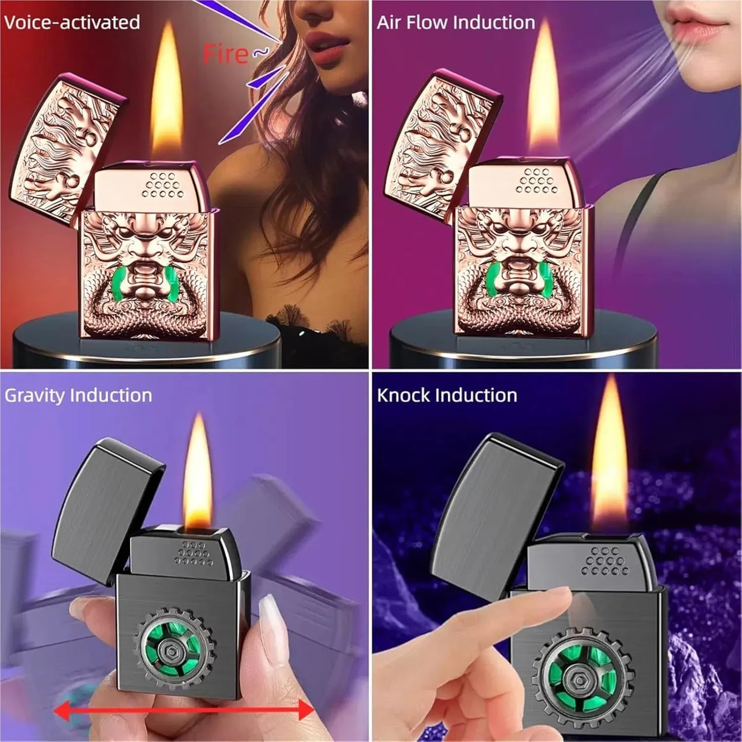 Antique Embossed Smart Voice Control Lighters, Visible Transparent Air Window, Classic Windproof Soft Flame, Adjustable Flame, Refillable Gas Portable Lighter for Camping Candles (No Fuel Included)(RO