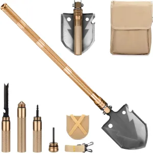 APEX1 18-in-1 Multitool Steel Emergency Shovel with Carrying Pouch for Survival, Military, Camping, Hiking, Climbing, Bug-Out Bag, Backpacking (Gold)