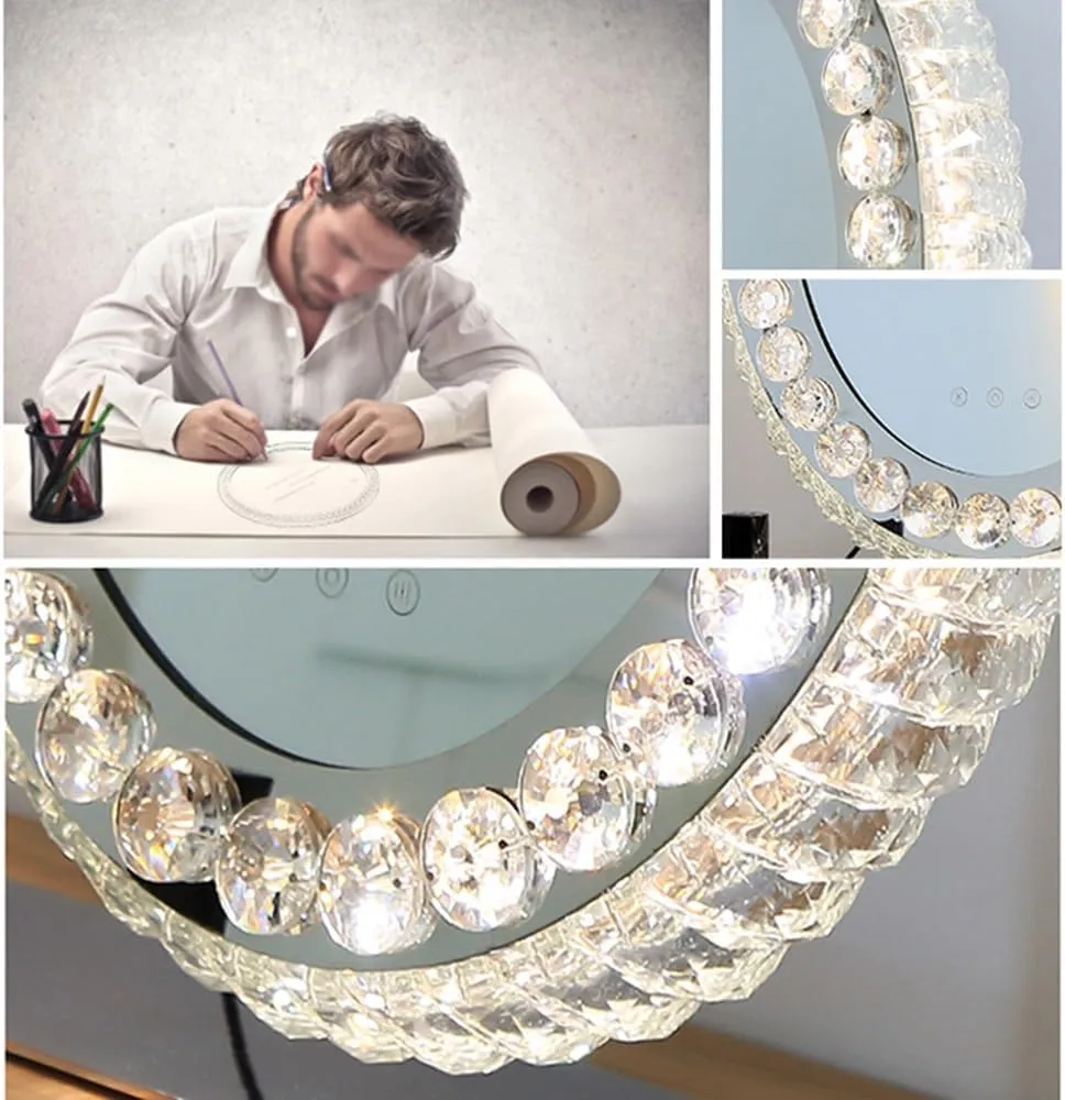 APLUSH Oval Crystal Makeup Mirror, 36o° Rotating High-end Vanity Mirror, Light Luxury Princess Mirror, Smart Touch, Three-Color Light Source(B,42.5 * 36cm/16.7 * 14.2in)