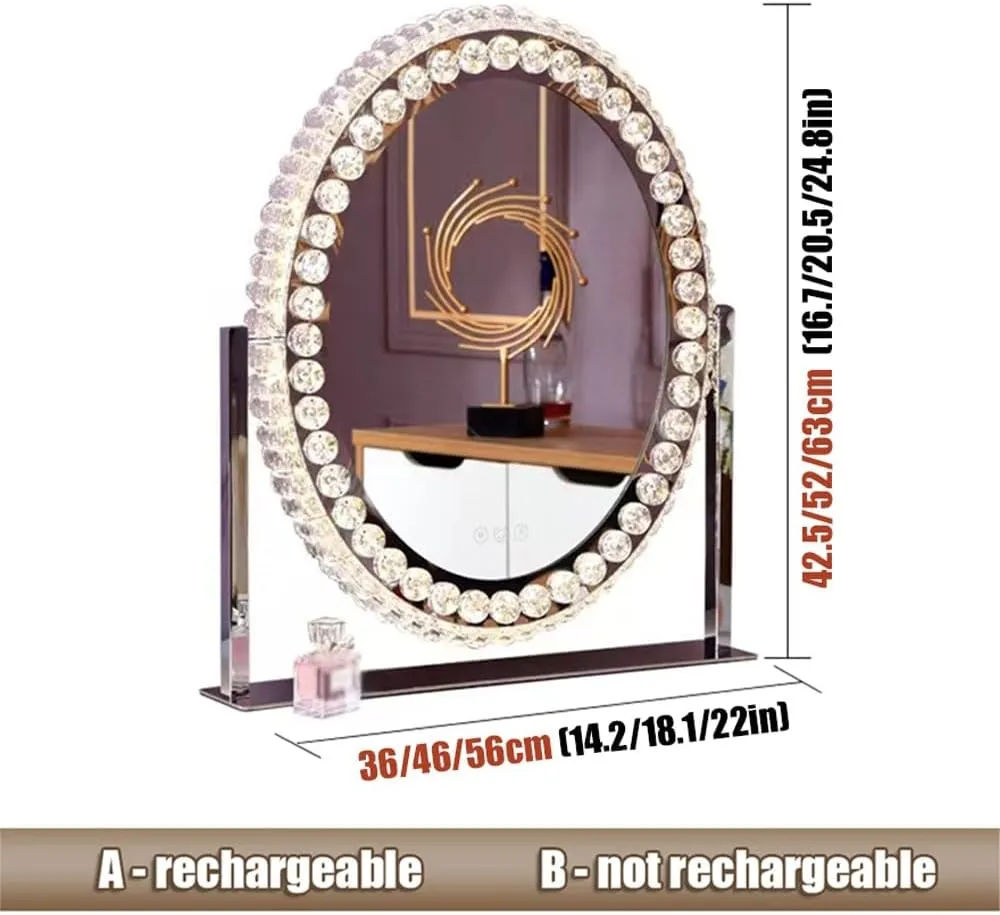 APLUSH Oval Crystal Makeup Mirror, 36o° Rotating High-end Vanity Mirror, Light Luxury Princess Mirror, Smart Touch, Three-Color Light Source(B,42.5 * 36cm/16.7 * 14.2in)