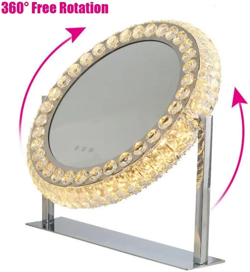 APLUSH Oval Crystal Makeup Mirror, 36o° Rotating High-end Vanity Mirror, Light Luxury Princess Mirror, Smart Touch, Three-Color Light Source(B,42.5 * 36cm/16.7 * 14.2in)