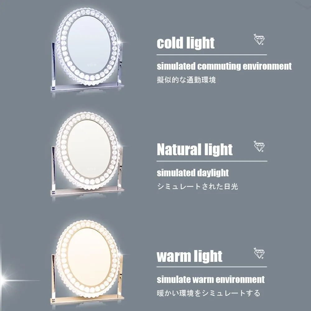 APLUSH Oval Crystal Makeup Mirror, 36o° Rotating High-end Vanity Mirror, Light Luxury Princess Mirror, Smart Touch, Three-Color Light Source(B,42.5 * 36cm/16.7 * 14.2in)