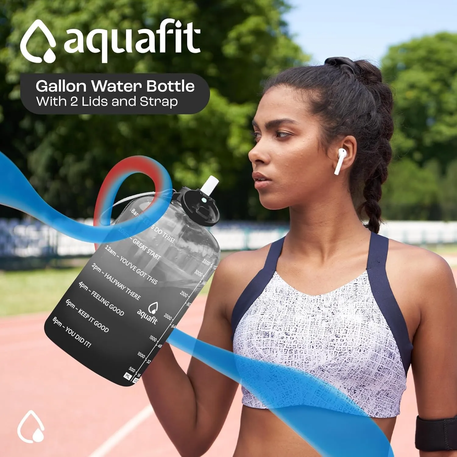 AQUAFIT 1 Gallon Water Bottle With Time Marker - Straw & Chug Lid - BPA Free Big Jug With Handle - Motivational Gym Bottle (128 oz, Blue Skies)