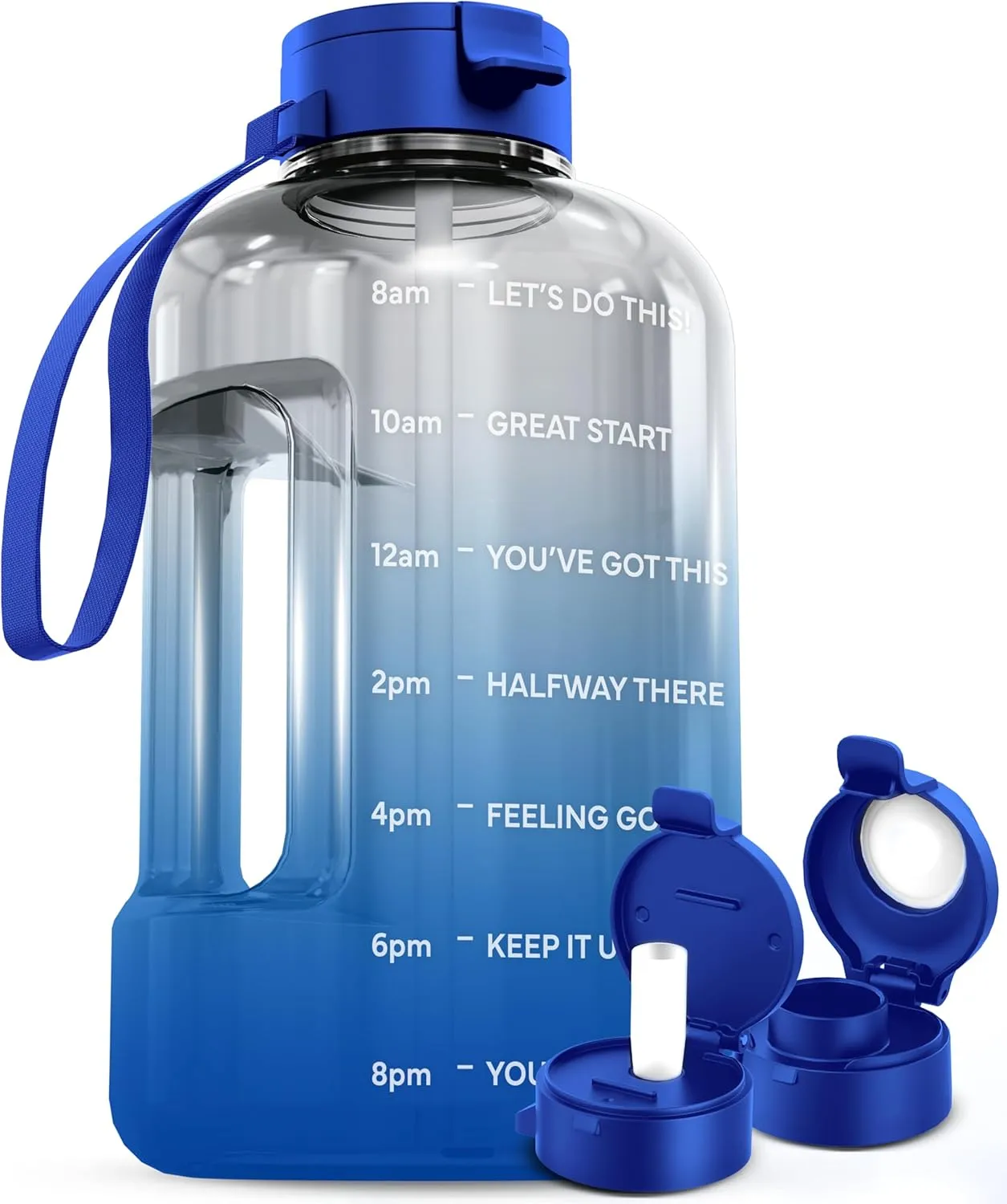 AQUAFIT 1 Gallon Water Bottle With Time Marker - Straw & Chug Lid - BPA Free Big Jug With Handle - Motivational Gym Bottle (128 oz, Blue Skies)