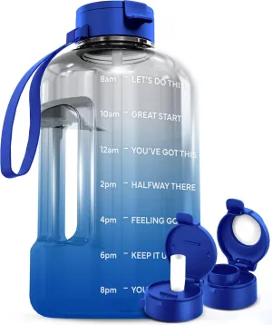 AQUAFIT 1 Gallon Water Bottle With Time Marker - Straw & Chug Lid - BPA Free Big Jug With Handle - Motivational Gym Bottle (128 oz, Blue Skies)