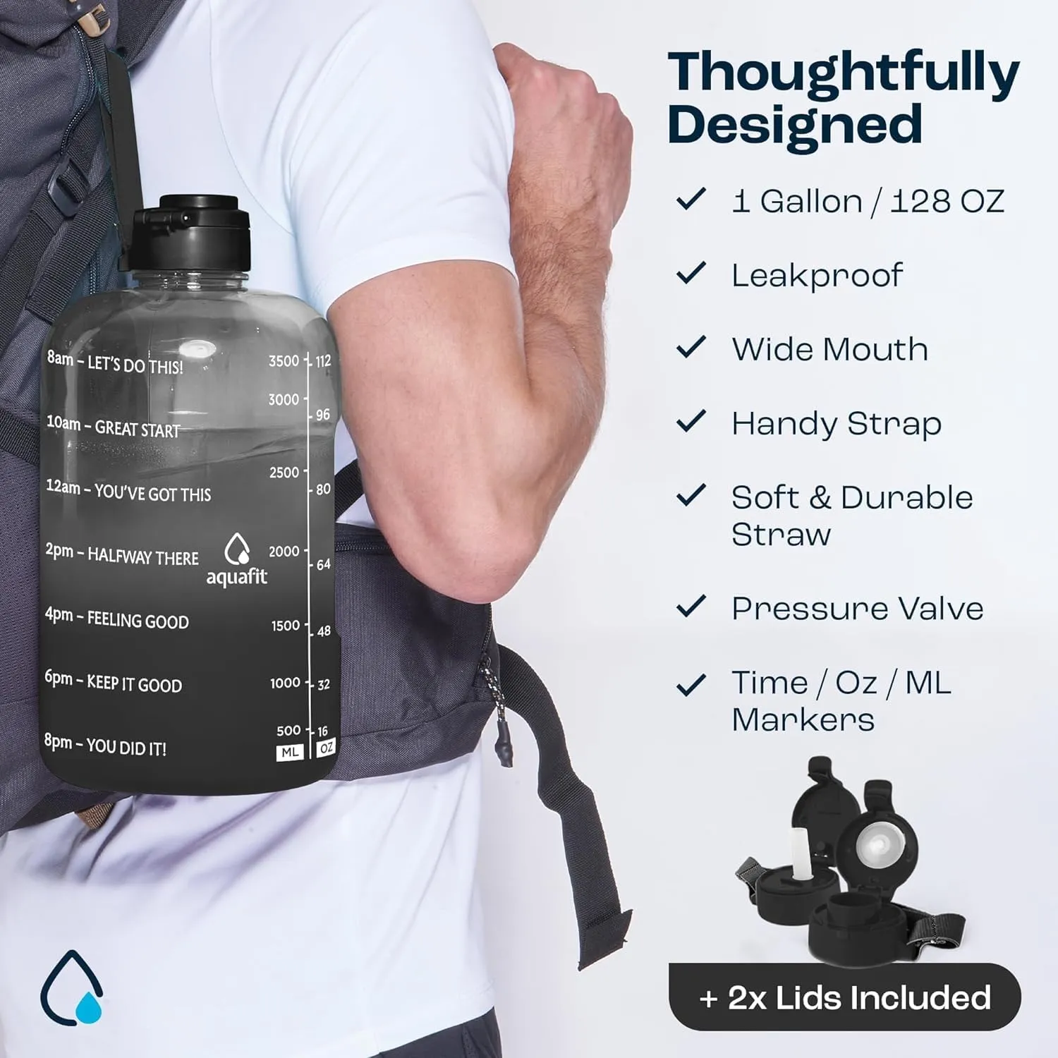 AQUAFIT 1 Gallon Water Bottle With Time Marker - Straw & Chug Lid - BPA Free Big Jug With Handle - Motivational Gym Bottle (128 oz, Blue Skies)