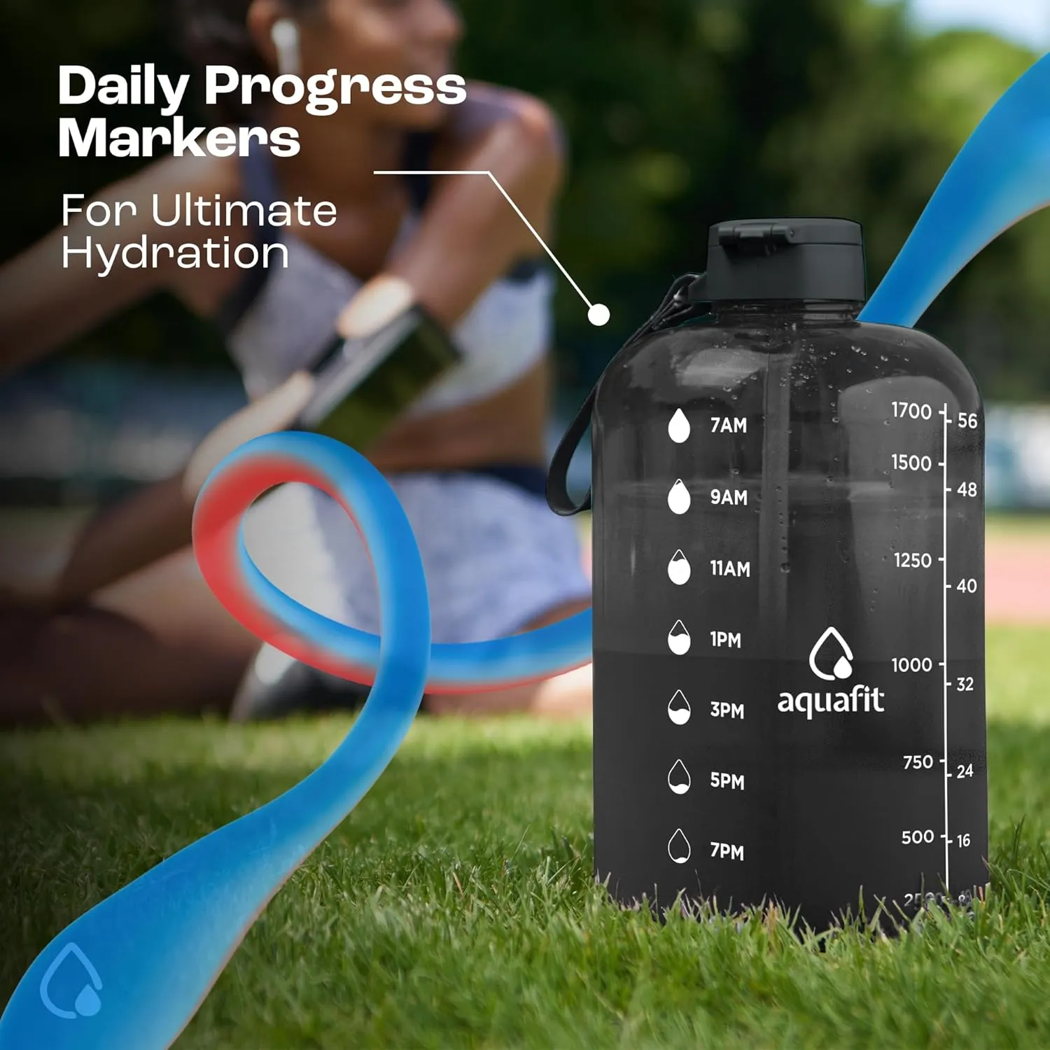 AQUAFIT Motivational Sports Water Bottle With Times To Drink, Straw, Time Marker for Gym - 64 oz Half Gallon Jug - - Large