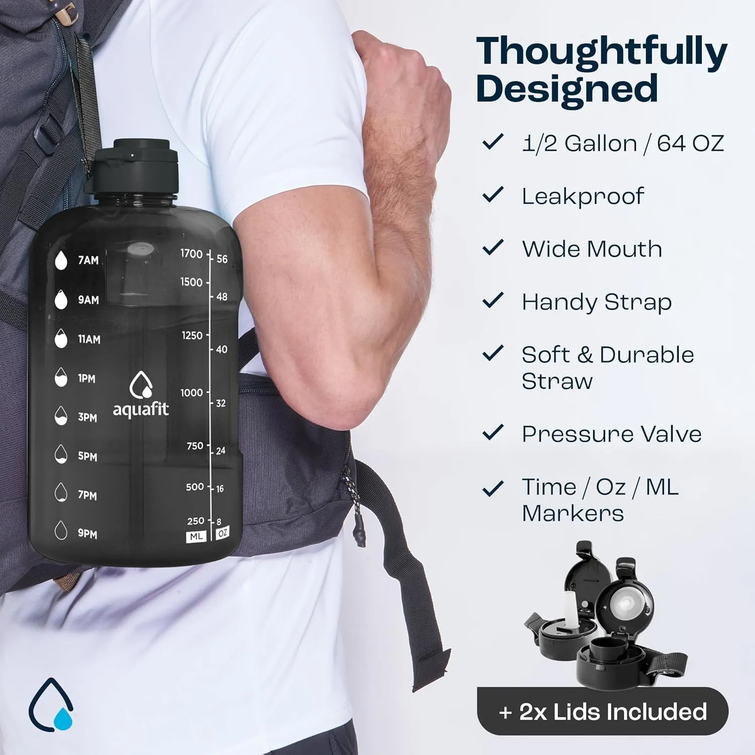 AQUAFIT Motivational Sports Water Bottle With Times To Drink, Straw, Time Marker for Gym - 64 oz Half Gallon Jug - - Large