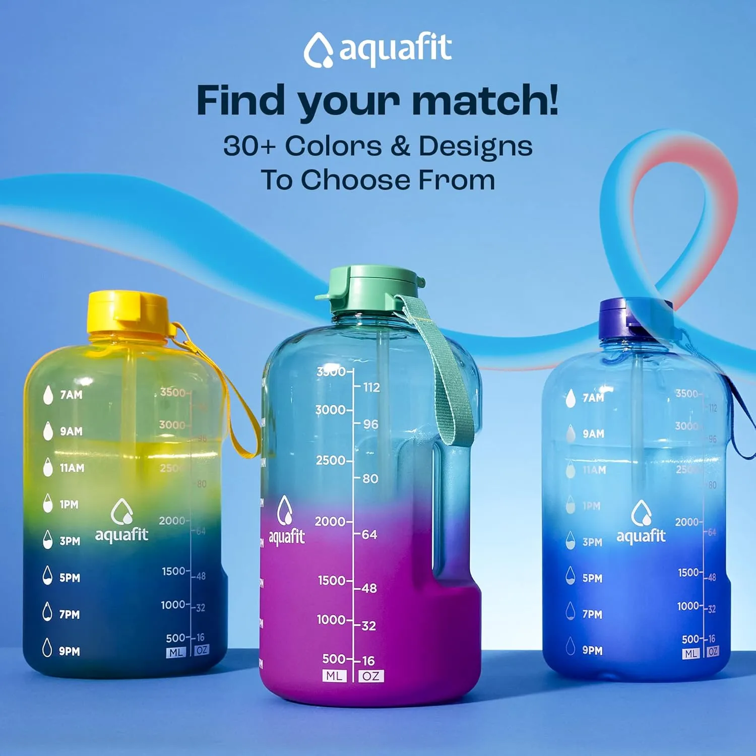 AQUAFIT Motivational Sports Water Bottle With Times To Drink, Straw, Time Marker for Gym - 64 oz Half Gallon Jug - - Large