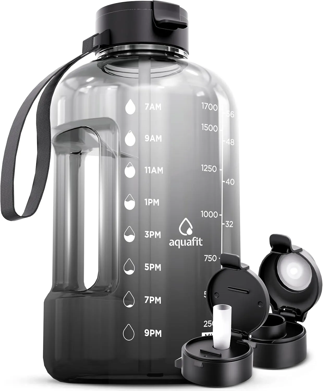 AQUAFIT Motivational Sports Water Bottle With Times To Drink, Straw, Time Marker for Gym - 64 oz Half Gallon Jug - - Large