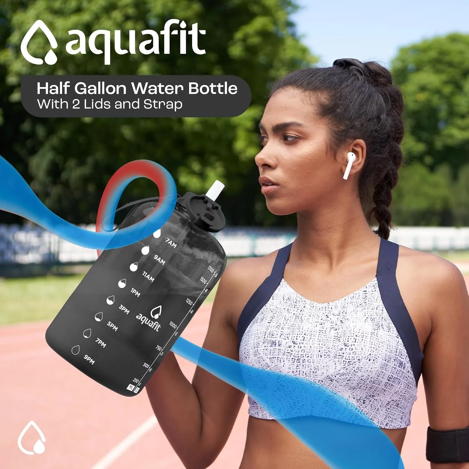 AQUAFIT Motivational Sports Water Bottle With Times To Drink, Straw, Time Marker for Gym - 64 oz Half Gallon Jug - - Large