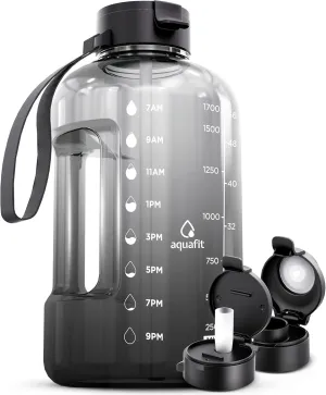 AQUAFIT Motivational Sports Water Bottle With Times To Drink, Straw, Time Marker for Gym - 64 oz Half Gallon Jug - - Large