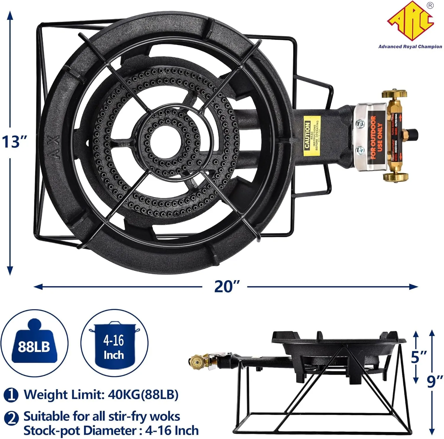 ARC Outdoor Propane Burner Stove, 13" Single Propane Wok Burner, Cast Iron Portable Wok Burner With Sturdy Stand, Bilateral Control Rings and 0-20 PSI Adjustable regulator, Stainless Steel Hose