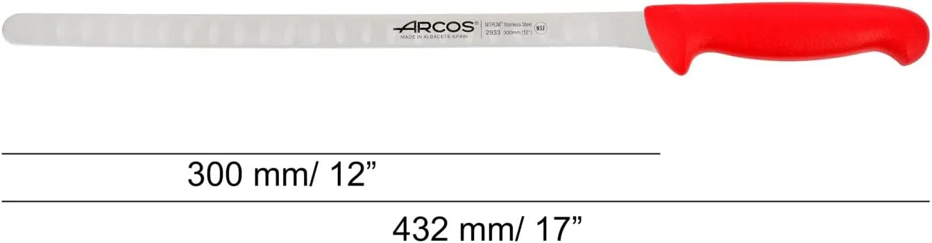 Arcos Salmon Knife/Fish Knife 12 Inch Nitrum Stainless Steel and 300 mm blade. Ergonomic Polypropylene Handle. Series 2900. Features different handle colors to make it easier. Color Red.